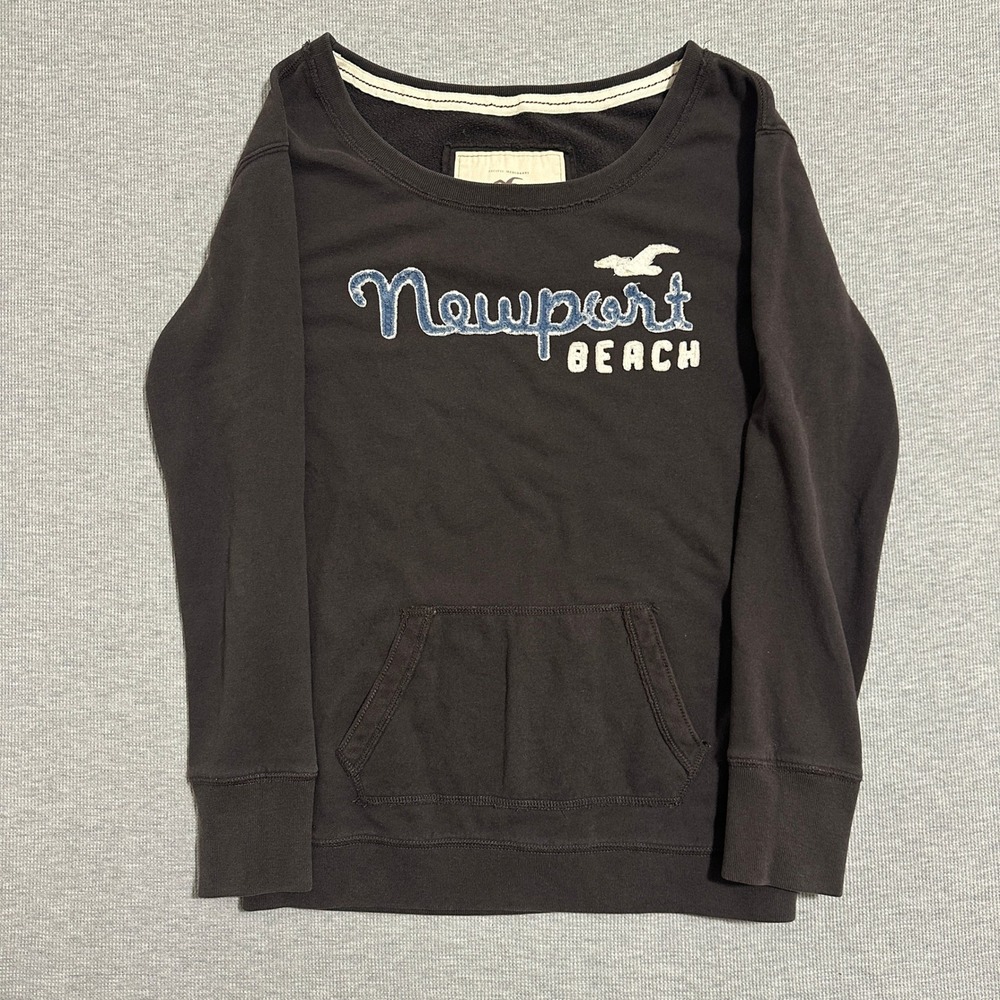 Hollister Newport Beach Graphic Sweatshirt Brown Women Large Wide Neck Pocket